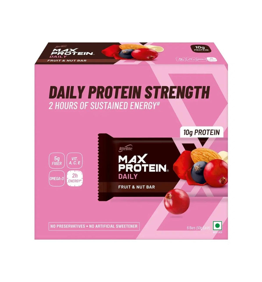 RiteBite Max Protein Daily Fruit & Nut Bar 10g protein (6 Bars x 50g Each) Box